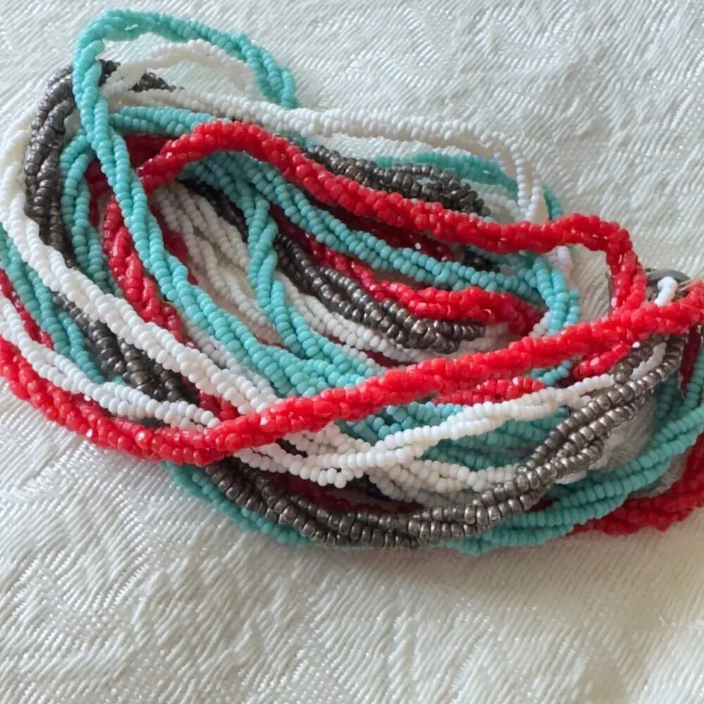 16” Vintage Glass Micro Seed Bead Necklace Multi Red Blue White Gray 1940s-60s